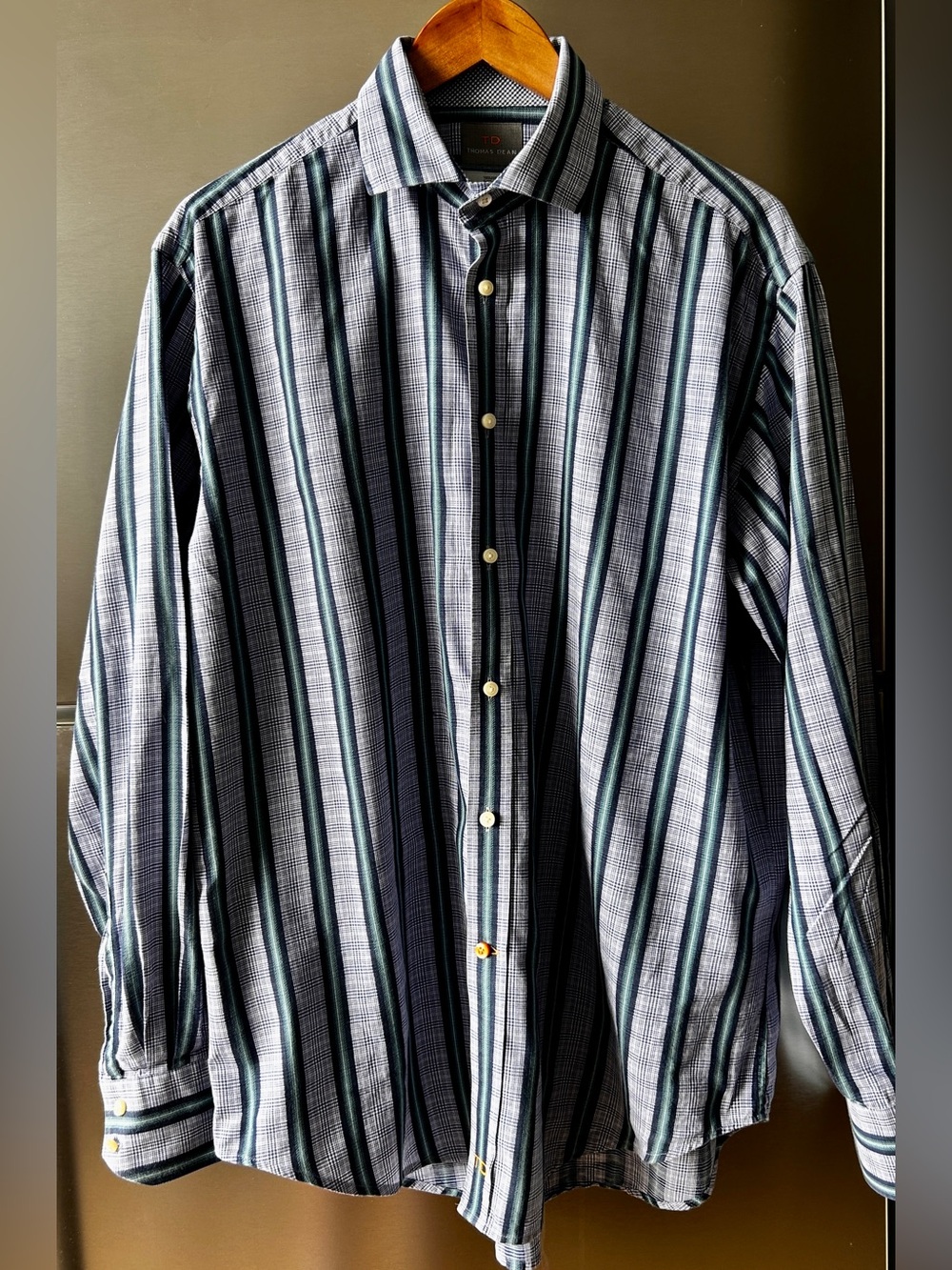 Thomas Dean Large 100% Cotton Striped Plaid Button Down Shirt Purple Green